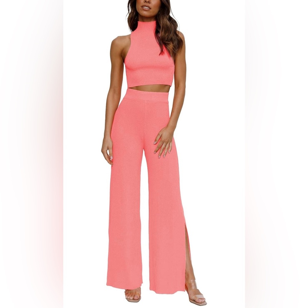 Women's 2 piece coral wide leg pant and crop top